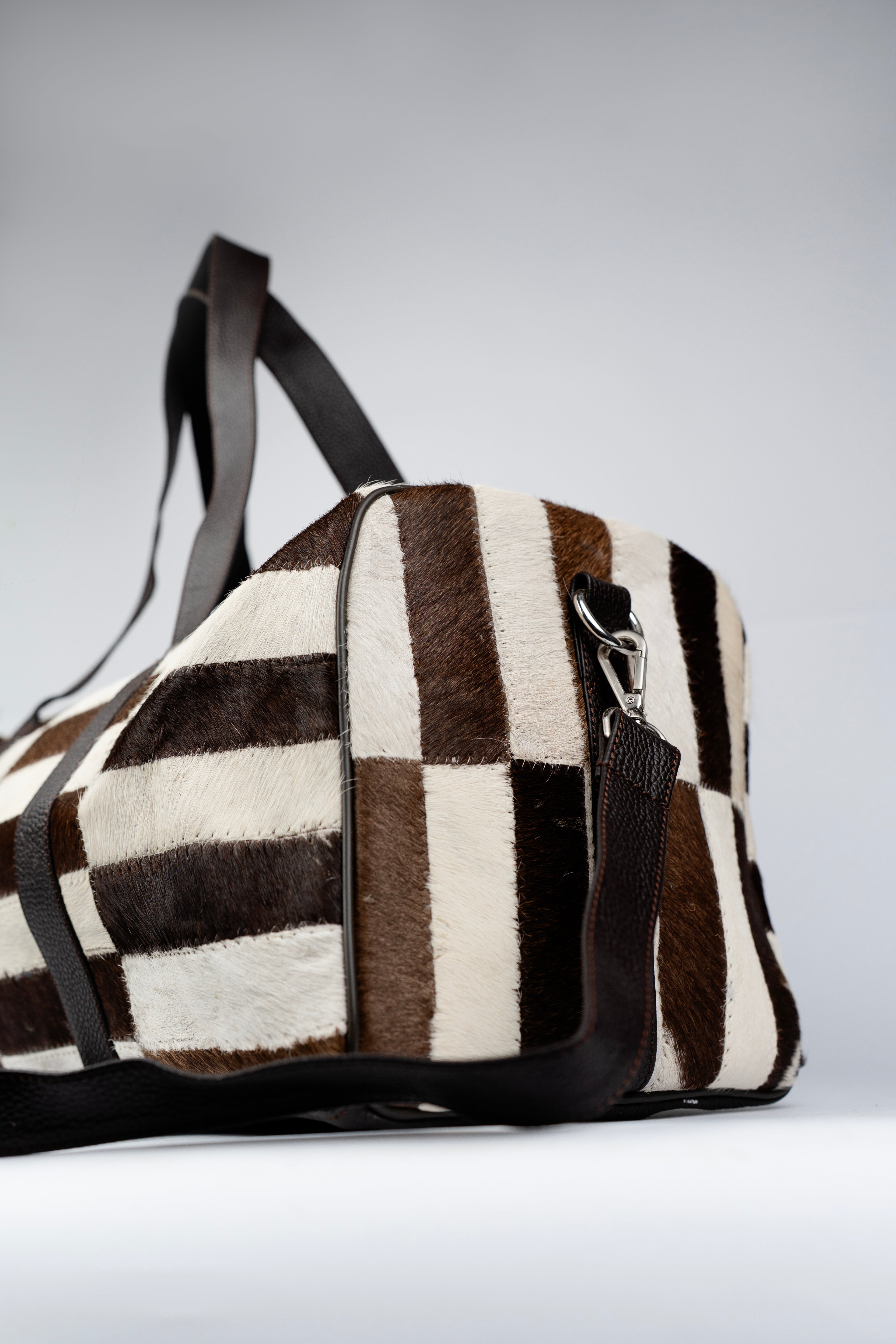 Cowhide Duffle Deluxe Bag, Hair-On Leather & Full-Grain Straps, Tri Color Overnight Bag.