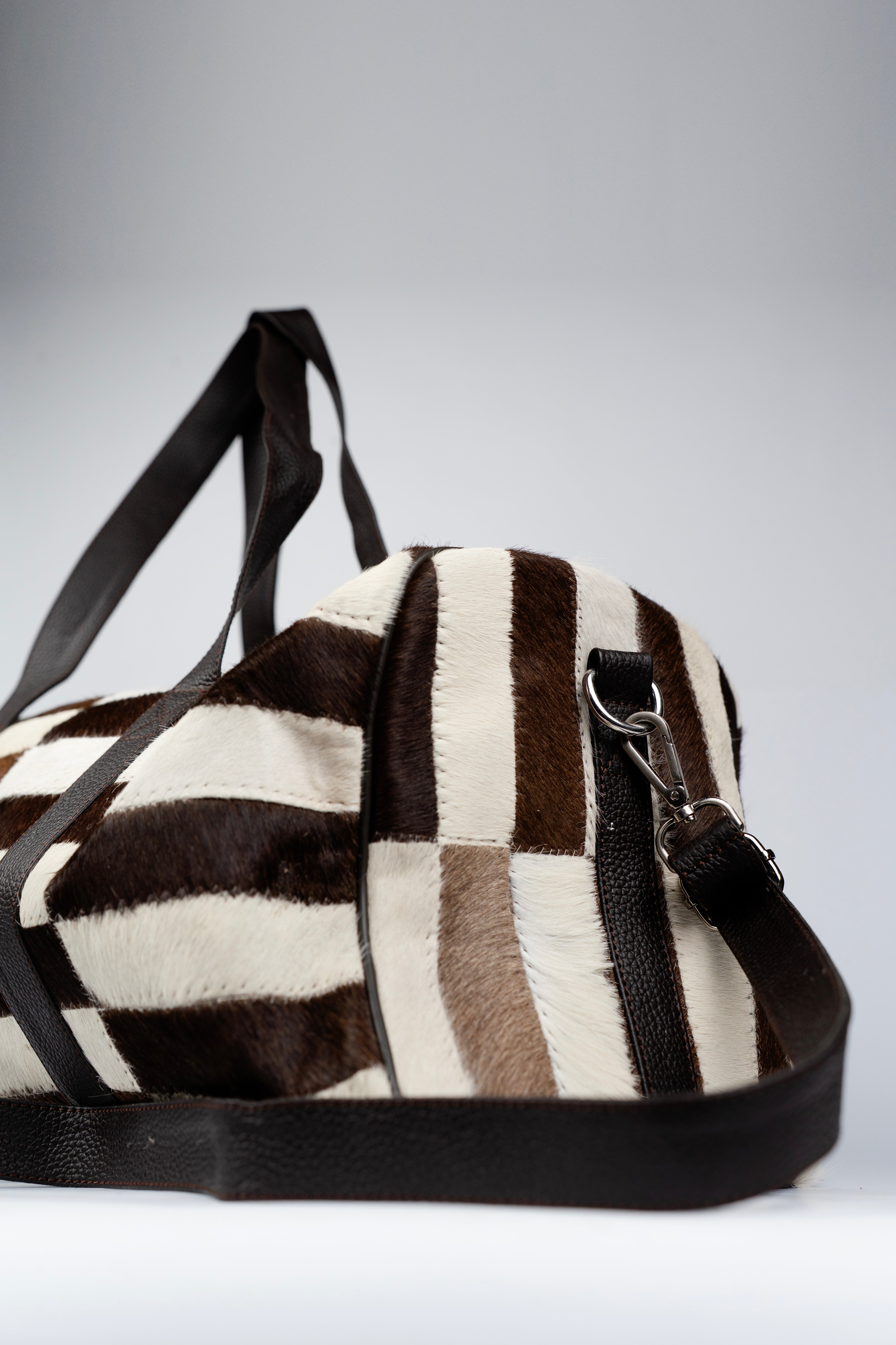 Cowhide Duffle Deluxe Bag, Hair-On Leather & Full-Grain Straps, Tri Color Overnight Bag.