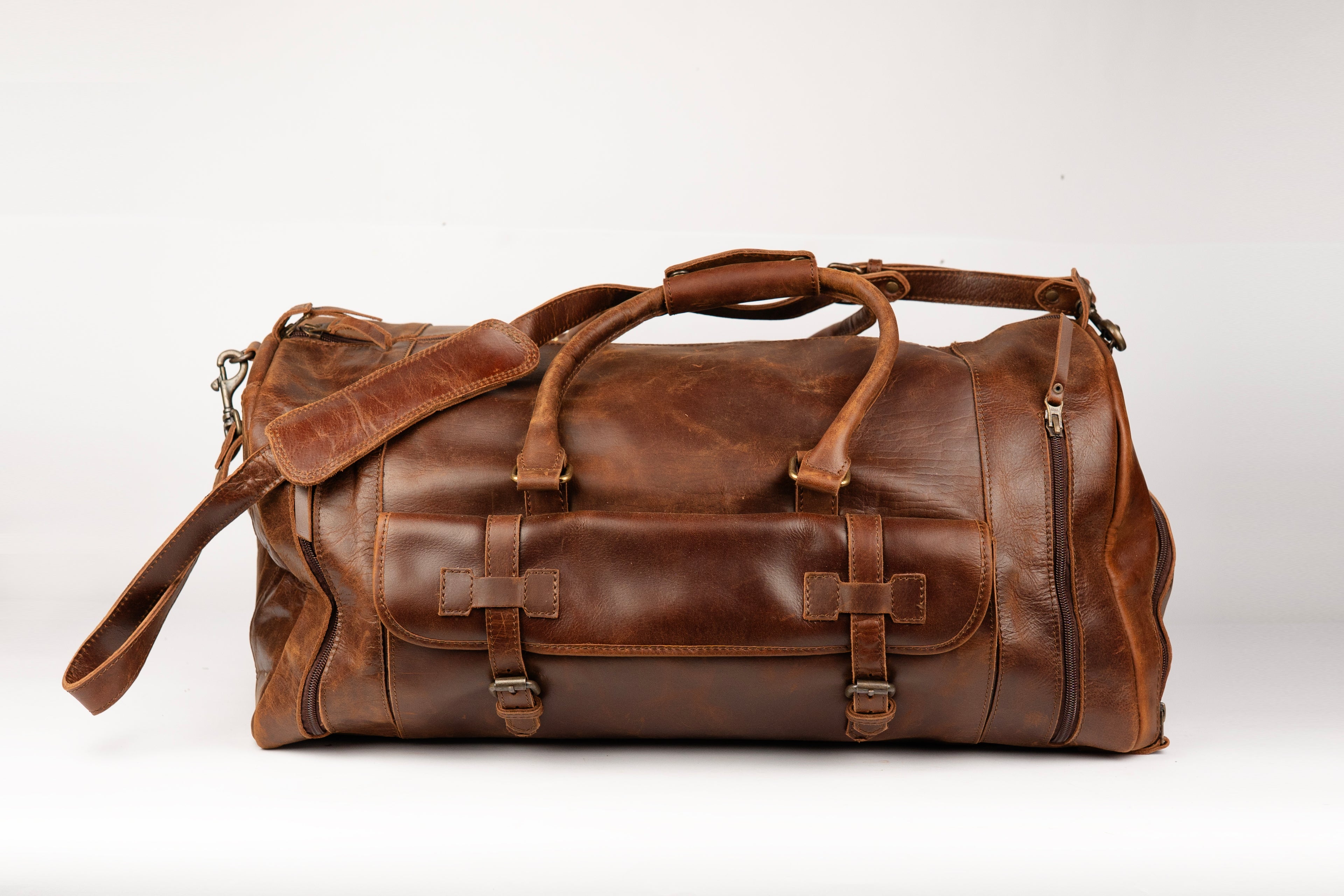 The Pioneer Duffle, Full Grain Leather Weekender Bag for Men with Shoe Compartment, Luggage Carryon Bag.