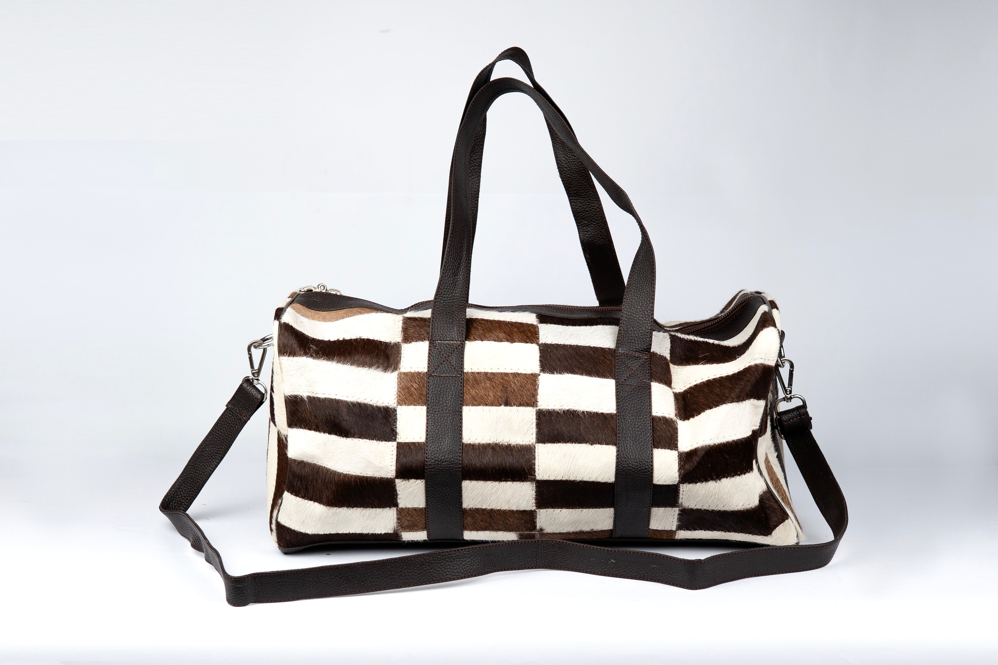 Cowhide Duffle Deluxe Bag, Hair-On Leather & Full-Grain Straps, Tri Color Overnight Bag.