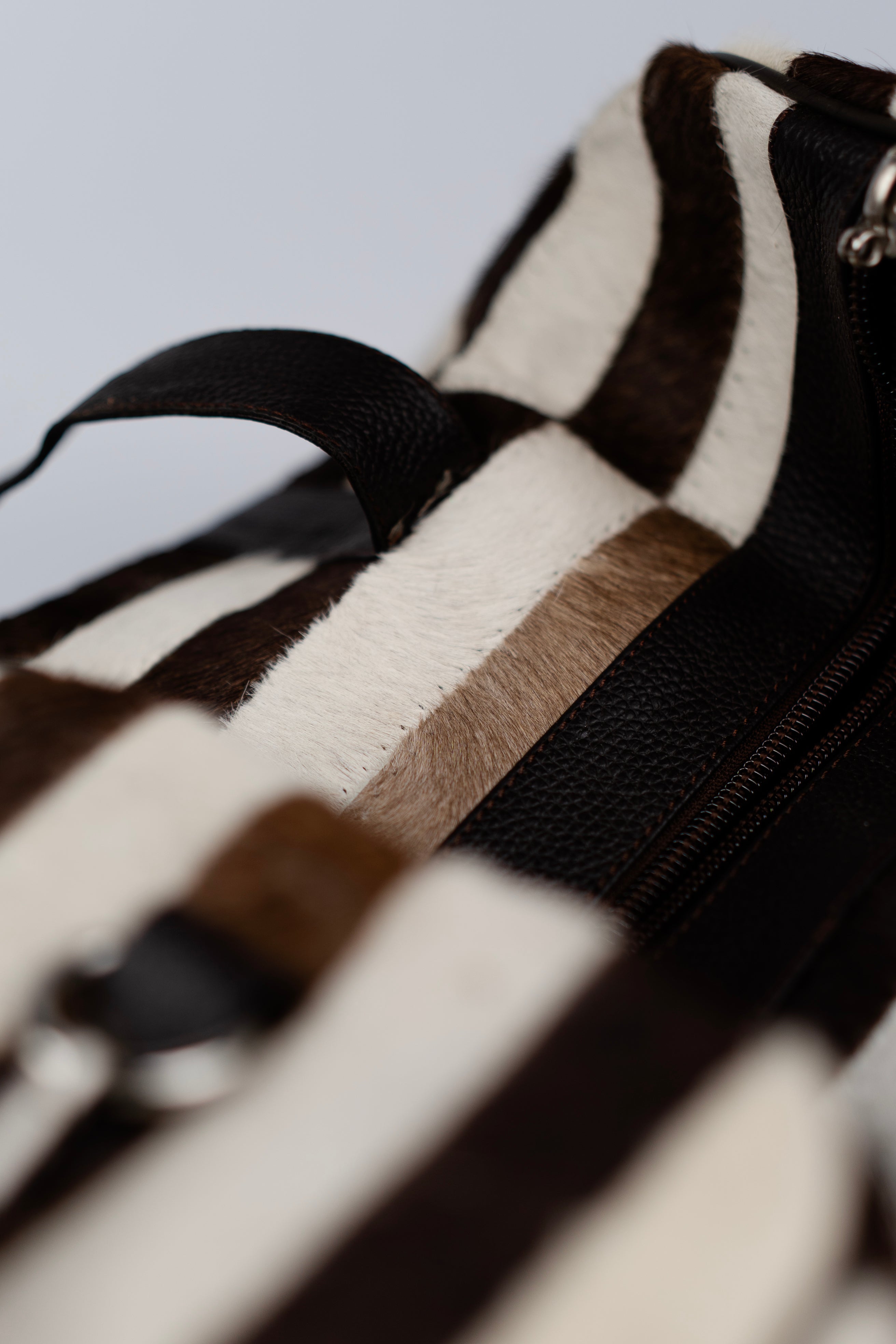 Cowhide Duffle Deluxe Bag, Hair-On Leather & Full-Grain Straps, Tri Color Overnight Bag.