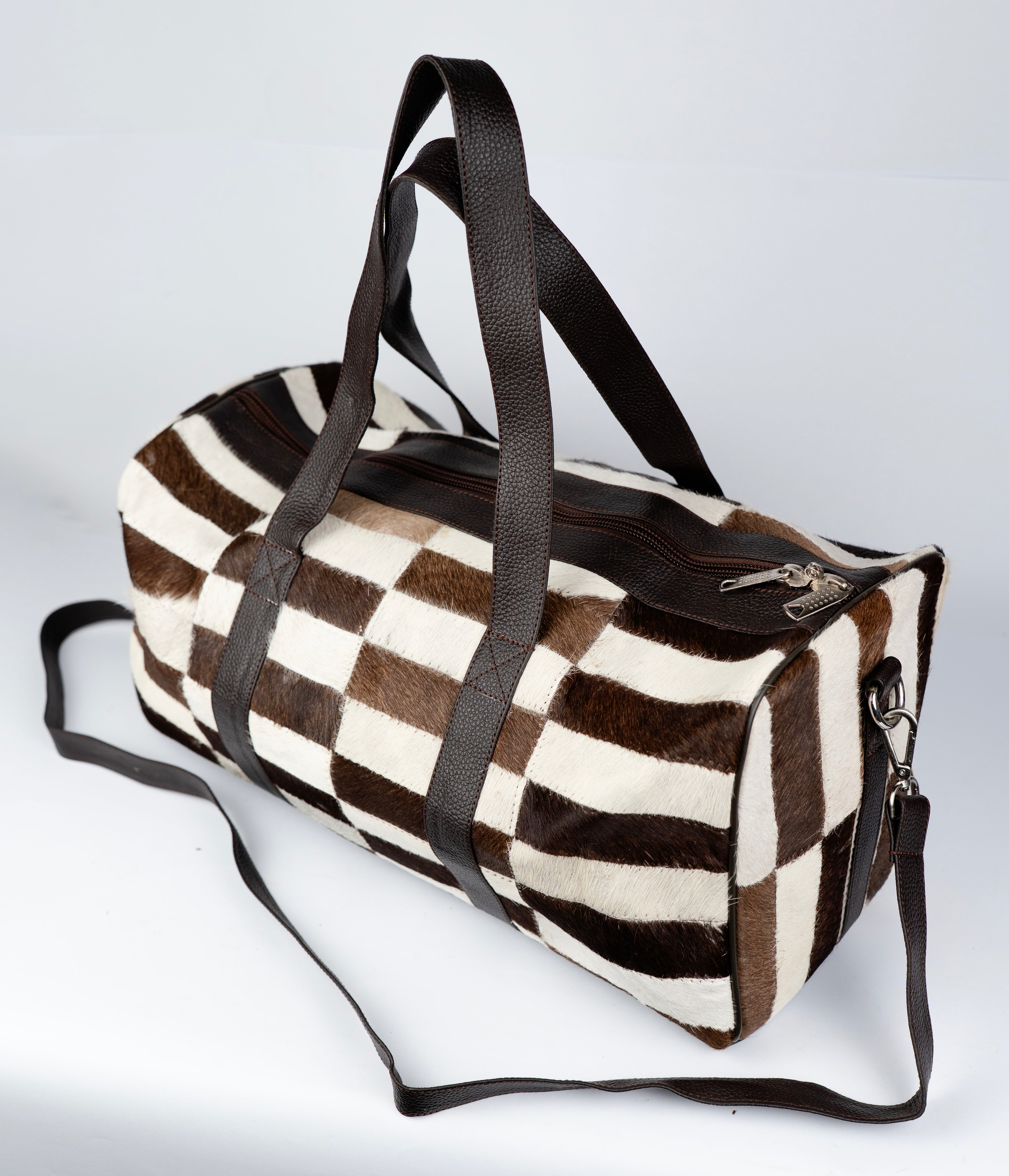 Cowhide Duffle Deluxe Bag, Hair-On Leather & Full-Grain Straps, Tri Color Overnight Bag.