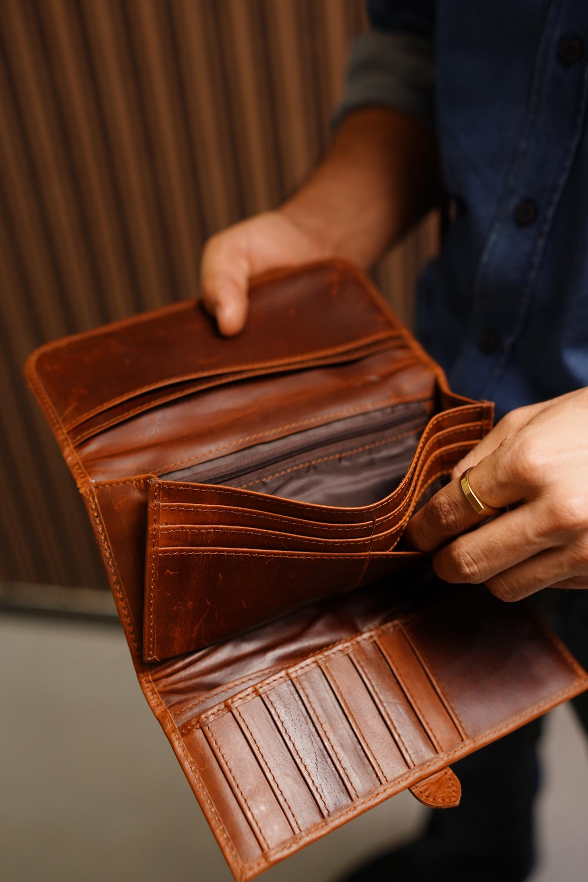 Genuine Leather Credit Card Holder, Handcrafted French Calfskin Long Wallet