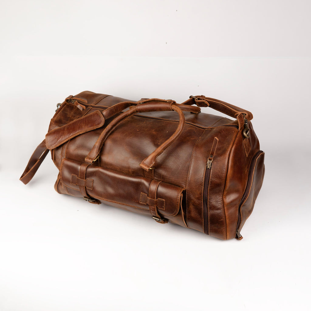 The Pioneer Duffle, Full Grain Leather Weekender Bag for Men with Shoe Compartment, Luggage Carryon Bag
